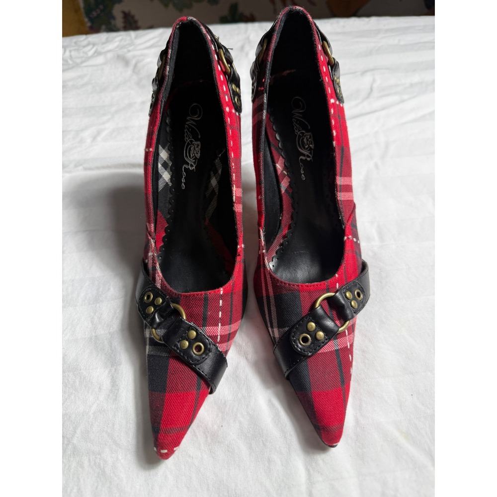 Wild Rose Red Plaid Pointed Toe Pumps Buckle Stiletto Heels Sz 6 Alt Metal - Picture 2 of 8
